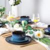 imageLeRATIO Ceramic Dinnerware Set of 4 Poreclain Plates Bowls Handmade Reactive Glaze Dishes Chip Resistant Oven ampamp Dishwasher Safe Service for 4ChestnutModernBlue