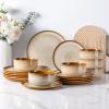 imageLeRATIO Ceramic Dinnerware Set of 4 Poreclain Plates Bowls Handmade Reactive Glaze Dishes Chip Resistant Oven ampamp Dishwasher Safe Service for 4ChestnutModernKahki
