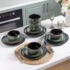 imageLeRATIO Ceramic Dinnerware Set of 4 Poreclain Plates Bowls Handmade Reactive Glaze Dishes Chip Resistant Oven ampamp Dishwasher Safe Service for 4ChestnutModernDark Green