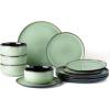 imageLeRATIO Ceramic Dinnerware Set of 4 Poreclain Plates Bowls Handmade Reactive Glaze Dishes Chip Resistant Oven ampamp Dishwasher Safe Service for 4ChestnutModernLight Green