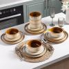 imageLeRATIO Ceramic Dinnerware Set of 4 Poreclain Plates Bowls Handmade Reactive Glaze Dishes Chip Resistant Oven ampamp Dishwasher Safe Service for 4ChestnutModernKahki