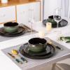 imageLeRATIO Ceramic Dinnerware Set of 4 Poreclain Plates Bowls Handmade Reactive Glaze Dishes Chip Resistant Oven ampamp Dishwasher Safe Service for 4ChestnutModernDark Green