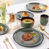 imageLeRATIO Ceramic Dinnerware Set of 4 Poreclain Plates Bowls Handmade Reactive Glaze Dishes Chip Resistant Oven ampamp Dishwasher Safe Service for 4ChestnutModernDark Green