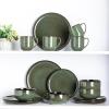 imageLeRATIO Ceramic Dinnerware Set of 4 Poreclain Plates Bowls Handmade Reactive Glaze Dishes Chip Resistant Oven ampamp Dishwasher Safe Service for 4ChestnutModernDark Green