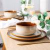 imageLeRATIO Ceramic Dinnerware Set of 4 Poreclain Plates Bowls Handmade Reactive Glaze Dishes Chip Resistant Oven ampamp Dishwasher Safe Service for 4ChestnutModernKahki