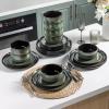 imageLeRATIO Ceramic Dinnerware Set of 4 Poreclain Plates Bowls Handmade Reactive Glaze Dishes Chip Resistant Oven ampamp Dishwasher Safe Service for 4ChestnutModernDark Green