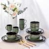 imageLeRATIO Ceramic Dinnerware Set of 4 Poreclain Plates Bowls Handmade Reactive Glaze Dishes Chip Resistant Oven ampamp Dishwasher Safe Service for 4ChestnutModernDark Green