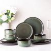 imageLeRATIO Ceramic Dinnerware Set of 4 Poreclain Plates Bowls Handmade Reactive Glaze Dishes Chip Resistant Oven ampamp Dishwasher Safe Service for 4ChestnutModernDark Green
