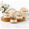 imageLeRATIO Ceramic Dinnerware Set of 4 Poreclain Plates Bowls Handmade Reactive Glaze Dishes Chip Resistant Oven ampamp Dishwasher Safe Service for 4ChestnutModernKahki