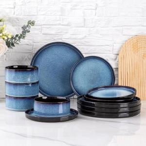 imageLERATIO Ceramic Dinnerware Sets for 4Round Reactive Glaze Ceramic Plates and Bowls SetHighly Chip and Crack Resistant  Dishwasher ampamp Microwave Safe Dishes SetService for 4 12pcGray WhiteReactiveBlue