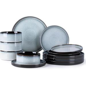 imageLERATIO Ceramic Dinnerware Sets for 4Round Reactive Glaze Ceramic Plates and Bowls SetHighly Chip and Crack Resistant  Dishwasher ampamp Microwave Safe Dishes SetService for 4 12pcGray WhiteReactiveGray White