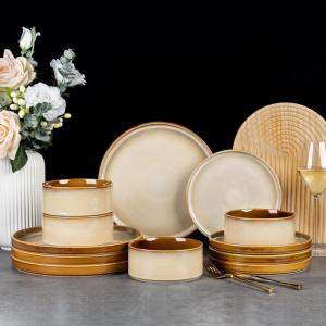 imageLERATIO Ceramic Dinnerware Sets for 4Round Reactive Glaze Ceramic Plates and Bowls SetHighly Chip and Crack Resistant  Dishwasher ampamp Microwave Safe Dishes SetService for 4 12pcGray WhiteReactiveKahki