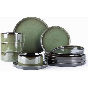 imageLERATIO Ceramic Dinnerware Sets for 4Round Reactive Glaze Ceramic Plates and Bowls SetHighly Chip and Crack Resistant  Dishwasher ampamp Microwave Safe Dishes SetService for 4 12pcGray WhiteReactiveGreen