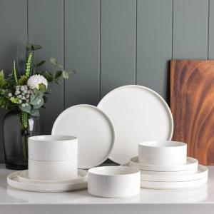 imageLERATIO Ceramic Dinnerware Sets for 4Round Reactive Glaze Ceramic Plates and Bowls SetHighly Chip and Crack Resistant  Dishwasher ampamp Microwave Safe Dishes SetService for 4 12pcGray WhiteReactiveWhite