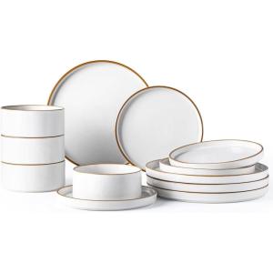 imageLERATIO Ceramic Dinnerware Sets for 6 High Edge Stoneware Plates and Bowls Set Chip and Crack Resistant  Oven ampamp Dishwasher ampamp Microwave Safe Dishes Set Service for 6 Vanilla WhiteDusted Gold Rim