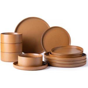 imageLERATIO Ceramic Dinnerware Sets for 6 High Edge Stoneware Plates and Bowls Set Chip and Crack Resistant  Oven ampamp Dishwasher ampamp Microwave Safe Dishes Set Service for 6 Vanilla WhiteCaramel