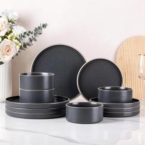 imageLERATIO Ceramic Dinnerware Sets for 6 High Edge Stoneware Plates and Bowls Set Chip and Crack Resistant  Oven ampamp Dishwasher ampamp Microwave Safe Dishes Set Service for 6 Vanilla WhiteSpeckeld Black