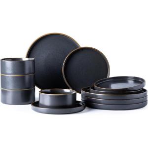 imageLERATIO Ceramic Dinnerware Sets for 6 High Edge Stoneware Plates and Bowls Set Chip and Crack Resistant  Oven ampamp Dishwasher ampamp Microwave Safe Dishes Set Service for 6 Vanilla WhiteAshen Gold Rim
