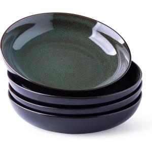 imageLERATIO Pasta BowlsCeramic 38oz Pasta Bowls90quot Reactive Glaze Pasta Bowl Set of 4Microwave ampamp DishwasherOven SafeLarge Wide Serving Bowls for Salad Dessert PizzaScratch ResistantChestnutGreen