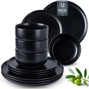 imageLERATIO Stoneware Dinnerware Sets for 4Handcarft Ceramic Plates and Bowls SetsChip and Scratch Resistant Dishes Dishwasher ampamp Microwave Safe Oven safeReactive GlazeSpeckled AshenBlack