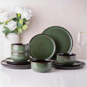 imageLeRATIO Ceramic Dinnerware Set of 4 Poreclain Plates Bowls Handmade Reactive Glaze Dishes Chip Resistant Oven ampamp Dishwasher Safe Service for 4ChestnutModernGreen