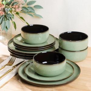 imageLeRATIO Ceramic Dinnerware Set of 4 Poreclain Plates Bowls Handmade Reactive Glaze Dishes Chip Resistant Oven ampamp Dishwasher Safe Service for 4ChestnutModernLight Green