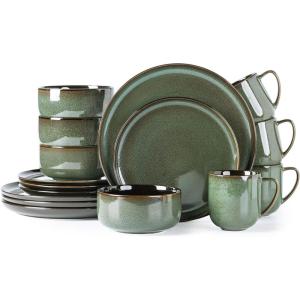 imageLeRATIO Ceramic Dinnerware Set of 4 Poreclain Plates Bowls Handmade Reactive Glaze Dishes Chip Resistant Oven ampamp Dishwasher Safe Service for 4ChestnutModernDark Green