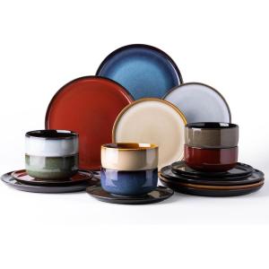 imageLeRATIO Ceramic Dinnerware Set of 4 Poreclain Plates Bowls Handmade Reactive Glaze Dishes Chip Resistant Oven ampamp Dishwasher Safe Service for 4ChestnutModerncolorful