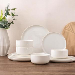 imageLeRATIO Ceramic Dinnerware Set of 4 Poreclain Plates Bowls Handmade Reactive Glaze Dishes Chip Resistant Oven ampamp Dishwasher Safe Service for 4ChestnutModernWhite