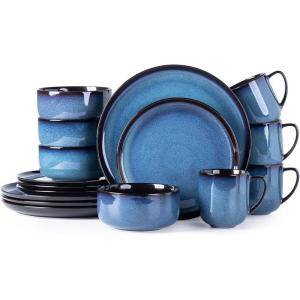 imageLeRATIO Ceramic Dinnerware Set of 4 Poreclain Plates Bowls Handmade Reactive Glaze Dishes Chip Resistant Oven ampamp Dishwasher Safe Service for 4ChestnutModernBlue