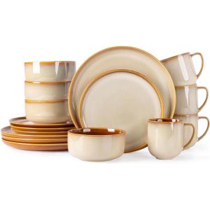 imageLeRATIO Ceramic Dinnerware Set of 4 Poreclain Plates Bowls Handmade Reactive Glaze Dishes Chip Resistant Oven ampamp Dishwasher Safe Service for 4ChestnutModernKahki