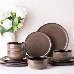 imageLeRATIO Ceramic Dinnerware Set of 4 Poreclain Plates Bowls Handmade Reactive Glaze Dishes Chip Resistant Oven ampamp Dishwasher Safe Service for 4ChestnutModernCoffee