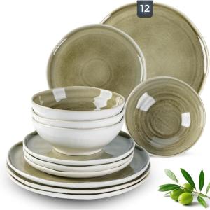 imageLeRATIO Ceramic Dinnerware Set of 4 Poreclain Plates Bowls Handmade Reactive Glaze Dishes Chip Resistant Oven ampamp Dishwasher Safe Service for 4ChestnutModernTea
