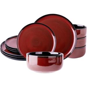 imageLeRATIO Ceramic Dinnerware Set of 4 Poreclain Plates Bowls Handmade Reactive Glaze Dishes Chip Resistant Oven ampamp Dishwasher Safe Service for 4ChestnutModernOrange Red