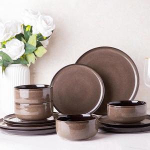 imageLeRATIO Ceramic Dinnerware Set of 4 Poreclain Plates Bowls Handmade Reactive Glaze Dishes Chip Resistant Oven ampamp Dishwasher Safe Service for 4ChestnutModernChestnut