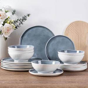 imageLERATIO Ceramic Dinnerware Sets for 4Porcelain Plates and Bowls Sets with Wavy EdgeMicrowave ampamp Dishwasher ampamp Oven SafeLight Weight ampamp Scratch Resistant Dishes SetsService for 4 12pcsPinkWavyBlue