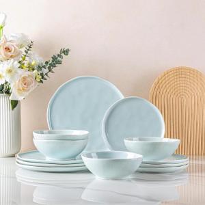 imageLERATIO Ceramic Dinnerware Sets for 4Porcelain Plates and Bowls Sets with Wavy EdgeMicrowave ampamp Dishwasher ampamp Oven SafeLight Weight ampamp Scratch Resistant Dishes SetsService for 4 12pcsPinkWavyPale Blue