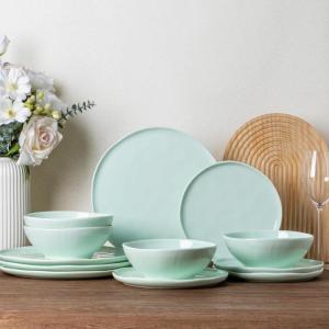 imageLERATIO Ceramic Dinnerware Sets for 4Porcelain Plates and Bowls Sets with Wavy EdgeMicrowave ampamp Dishwasher ampamp Oven SafeLight Weight ampamp Scratch Resistant Dishes SetsService for 4 12pcsPinkWavyLight Green