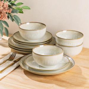 image:imageLERATIO Ceramic Dinnerware Sets for 4Porcelain Plates and Bowls SetsHandmade Reactive Glaze Dishes SetChip Resistant and Scratch Resistant  OvenampDishwasher amp Microwave SafeService for 4ModernDusk Snow Amber