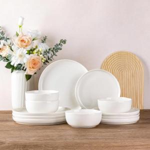 image:imageLERATIO Ceramic Dinnerware Sets for 4Porcelain Plates and Bowls SetsHandmade Reactive Glaze Dishes SetChip Resistant and Scratch Resistant  OvenampDishwasher amp Microwave SafeService for 4ModernWhite
