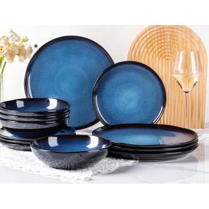 image:imageLeRatio Ceramic Dinnerware Sets for 4Wavy Reactive Glaze Stoneware Plates and Bowls SetsHighly Scratch Resistant  Dishwasher amp MicrowaveOven Safe Dishes Set12PCSWavyModern Blue