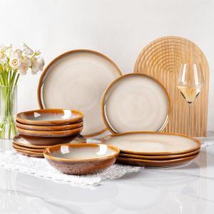 image:imageLeRatio Ceramic Dinnerware Sets for 4Wavy Reactive Glaze Stoneware Plates and Bowls SetsHighly Scratch Resistant  Dishwasher amp MicrowaveOven Safe Dishes Set12PCSWavyModern Kahki