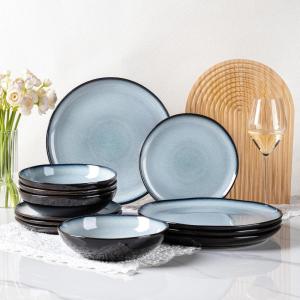 image:imageLeRatio Ceramic Dinnerware Sets for 4Wavy Reactive Glaze Stoneware Plates and Bowls SetsHighly Scratch Resistant  Dishwasher amp MicrowaveOven Safe Dishes Set12PCSWavyModern Gray White