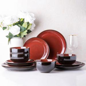 image:imageLeRatio Ceramic Dinnerware Sets for 4Wavy Reactive Glaze Stoneware Plates and Bowls SetsHighly Scratch Resistant  Dishwasher amp MicrowaveOven Safe Dishes Set12PCSDreamy MoonlightRed